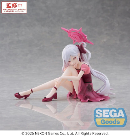 Blue Archive Yumemirize Mutsuki figure sitting in red dress with silver hair and playful expression