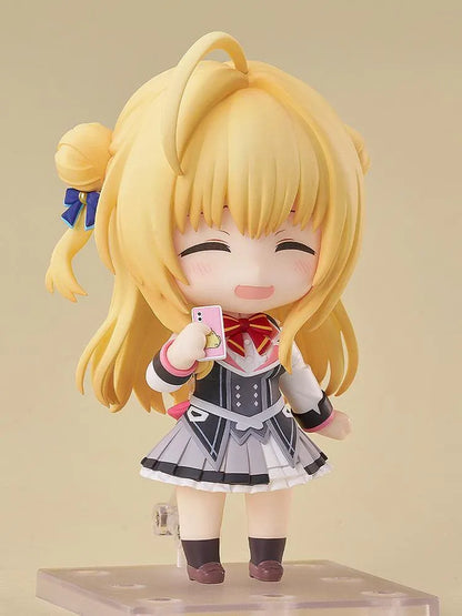 Hamidashi Creative Nendoroid Hiyori Izumi figure with blonde twin buns, pink eyes, navy ribbons, and a detailed school uniform.