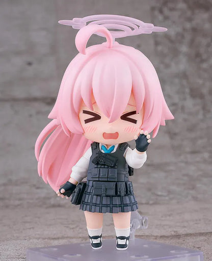 Blue Archive Nendoroid Hoshino Takanashi Armed Figure featuring Hoshino with pink hair, halo detail, tactical gear, weapon accessory, and large shield.