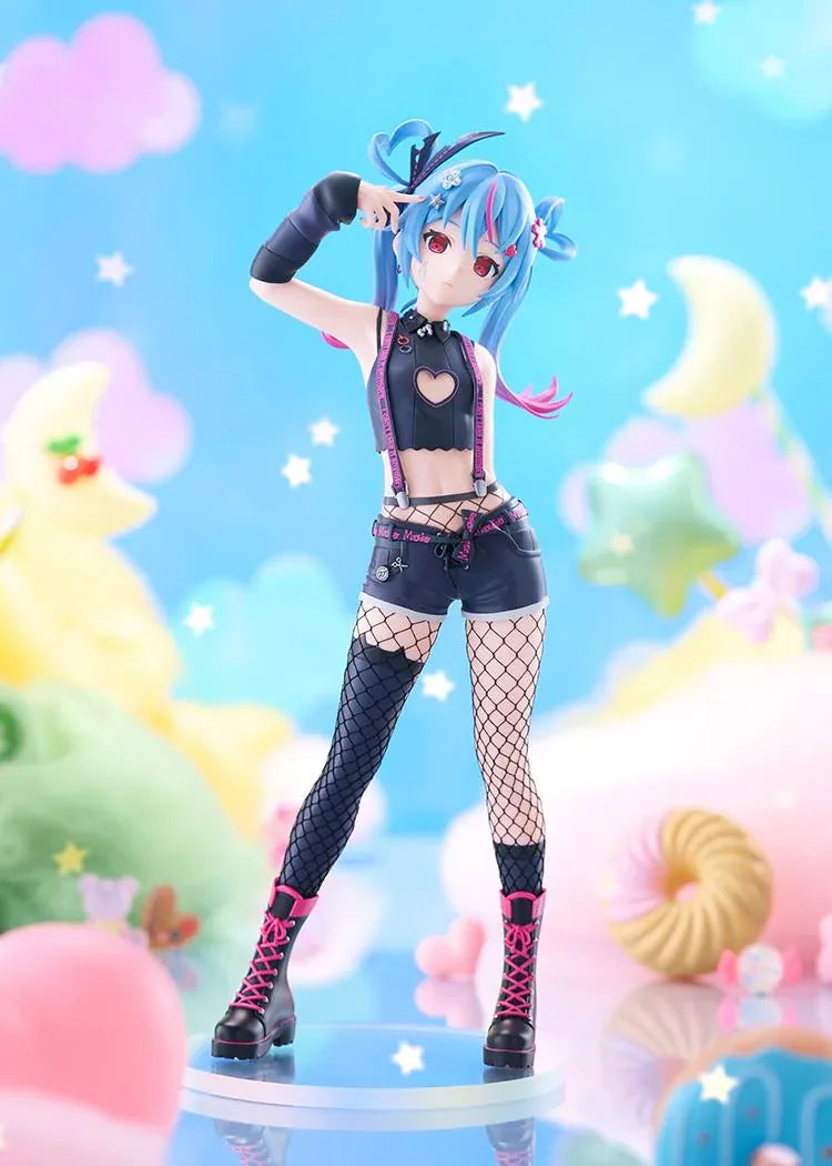 Hatsune Miku DecoMiku Darkness L Size figure with blue and pink twin-tails, a black heart-cutout top, dark shorts, fishnets, and pink-laced boots.