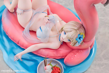 Brown Dust 2 Hot Summer Dream Justia 1/7 Scale Figure relaxing on a pink flamingo float with a water-themed display base