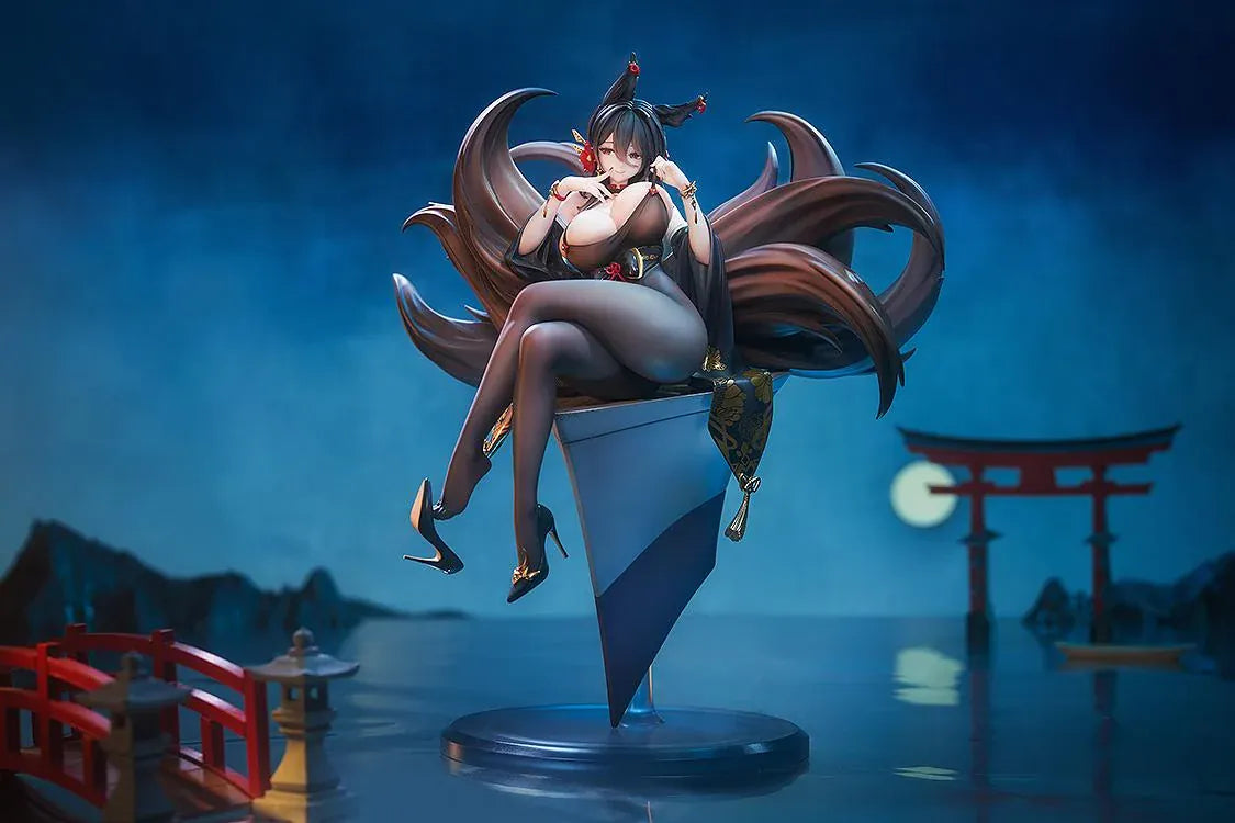 Azur Lane Oumi 1/7 scale figure seated cross-legged on an angular pedestal, with sweeping brown tails and a black outfit decorated with gold flowers.