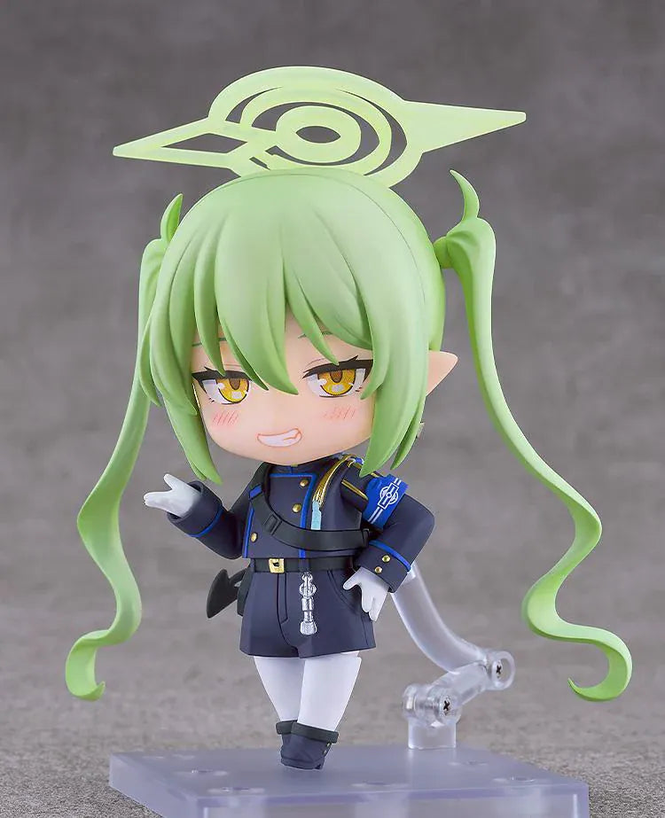 Blue Archive Nendoroid Nozomi Tachibana Figure featuring Nozomi with light green twin tails, golden eyes, oversized officer cap, academy uniform, and halo-style effect piece.
