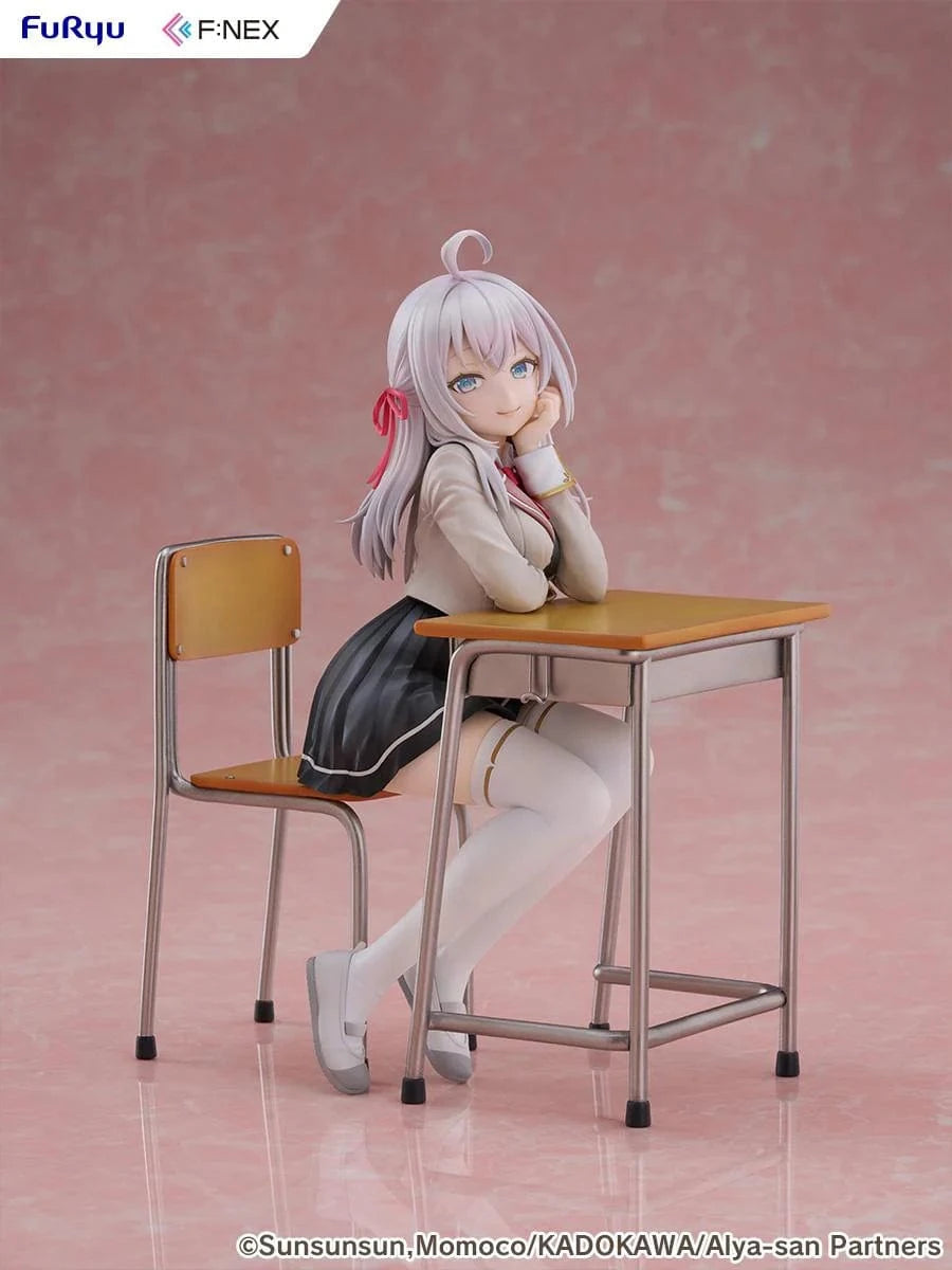 Alya Sometimes Hides Her Feelings in Russian Alya 1/7 Scale Figure by FuRyu F:NEX featuring Alya sitting at a school desk with silver hair and red ribbons