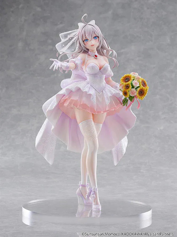 “KD Colle Alisa Mikhailovna Kujou Wedding Dress Ver. 1/7 Scale Figure standing in a flowing white and pink bridal gown holding a flower bouquet.”