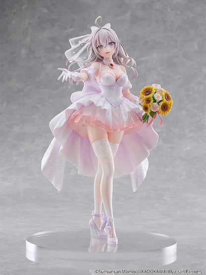 “KD Colle Alisa Mikhailovna Kujou Wedding Dress Ver. 1/7 Scale Figure standing in a flowing white and pink bridal gown holding a flower bouquet.”