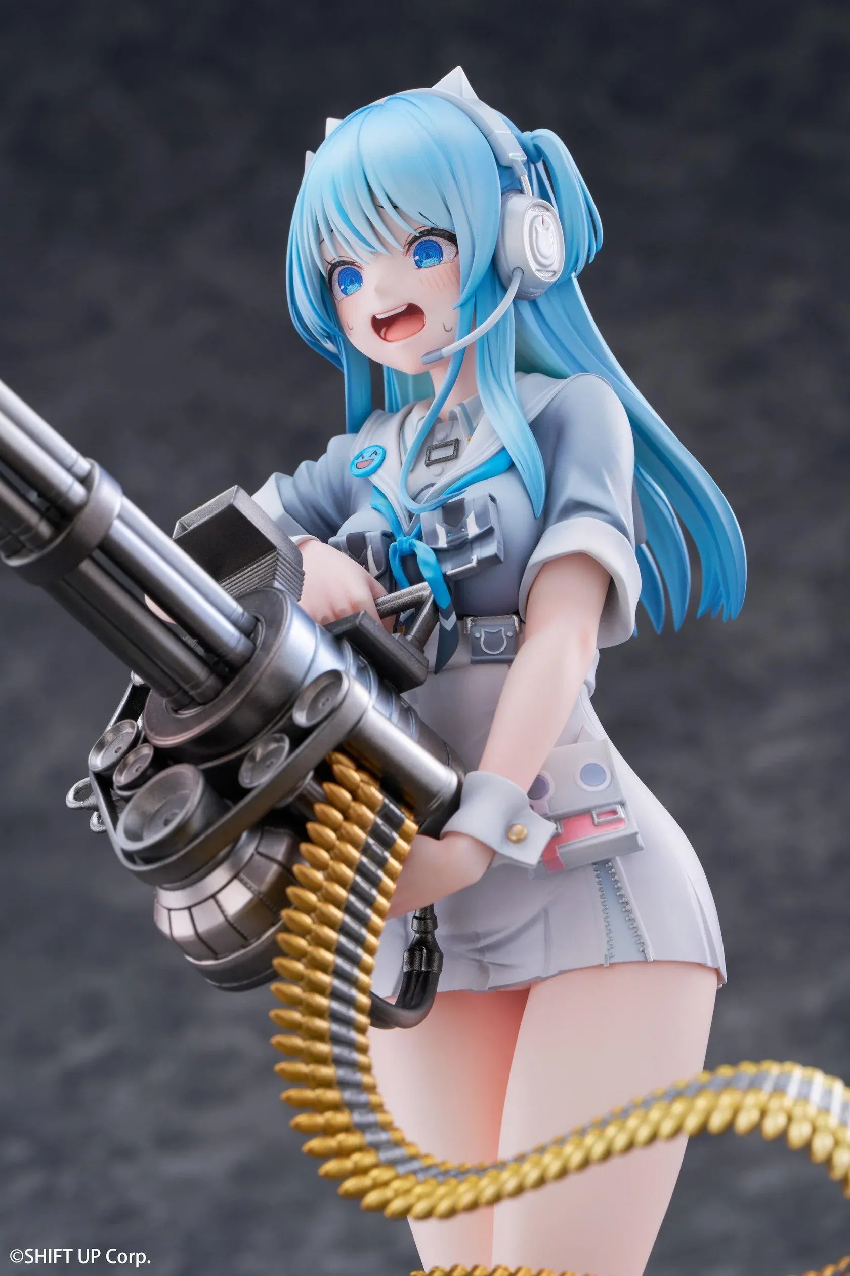Goddess of Victory Nikke Shifty Illustration Panic Sight Deluxe Ver. 1/7 Scale Figure featuring Shifty with blue hair, tactical outfit, oversized weapon, firing effect, and ammo belt display details.