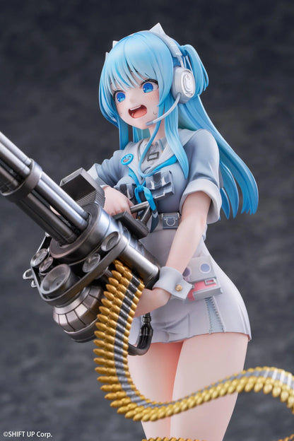 Goddess of Victory Nikke Shifty Illustration Panic Sight Deluxe Ver. 1/7 Scale Figure featuring Shifty with blue hair, tactical outfit, oversized weapon, firing effect, and ammo belt display details.