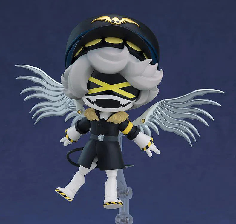 Murder Drones Nendoroid N Figure with pilot hat, white hair, yellow eyes, black outfit, waving pose, and mechanical tail accessory