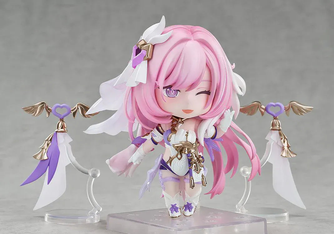 Honkai Impact 3rd Nendoroid No.2916 Elysia Herrscher of Human Ego chibi figure with pink hair, white and purple outfit, and wing accessories