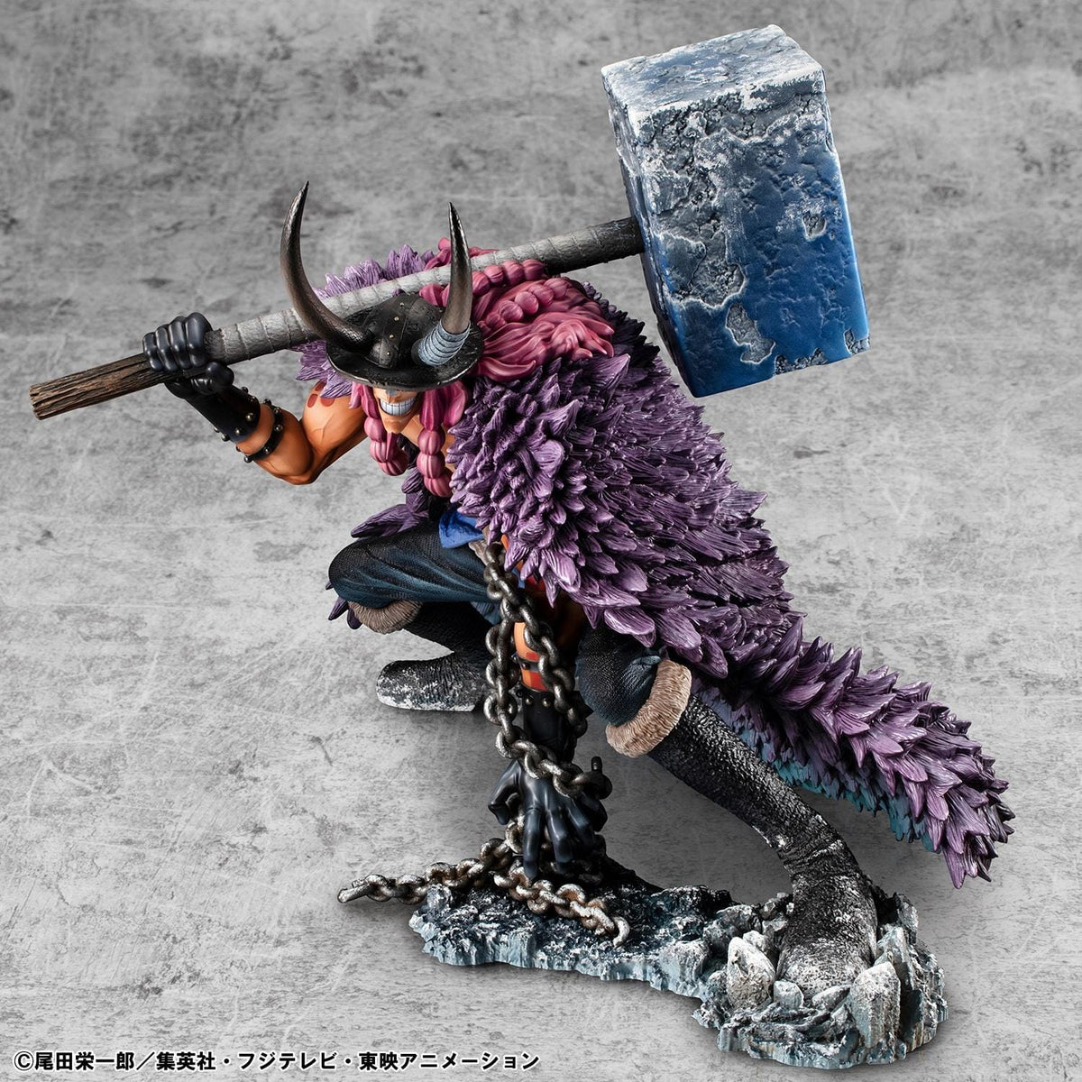 One Piece Portrait of Pirates ELB-Maximum Loki figure crouching with a massive hammer, horned helmet, pink braids, purple cloak, and chains on a rocky base.