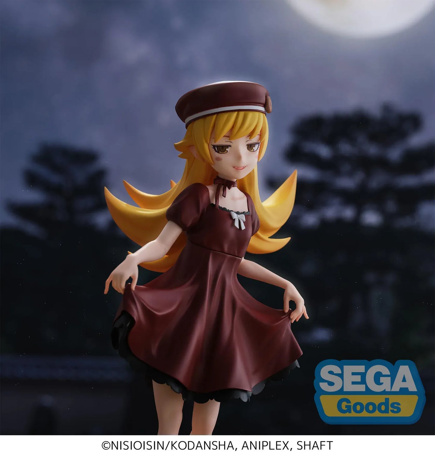 Monogatari High Premium Figure Shinobu Oshino Figure wearing a burgundy dress and hat with golden hair