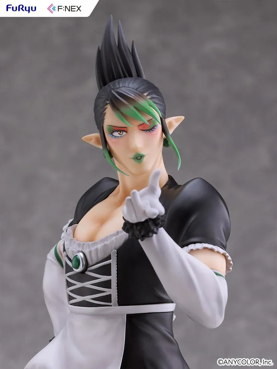 Hanabatake Chaika 1/7 Scale Figure by FuRyu F featuring a VTuber with tall black hair, green highlights, pointed ears, and a black and white maid outfit with white gloves, dark stockings, and black heels on a green circular display base.