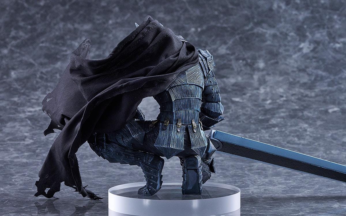 Berserk Guts Berserker Sane figure crouching in dark armor, gripping a massive sword with a textured, ragged black cape sweeping behind him.