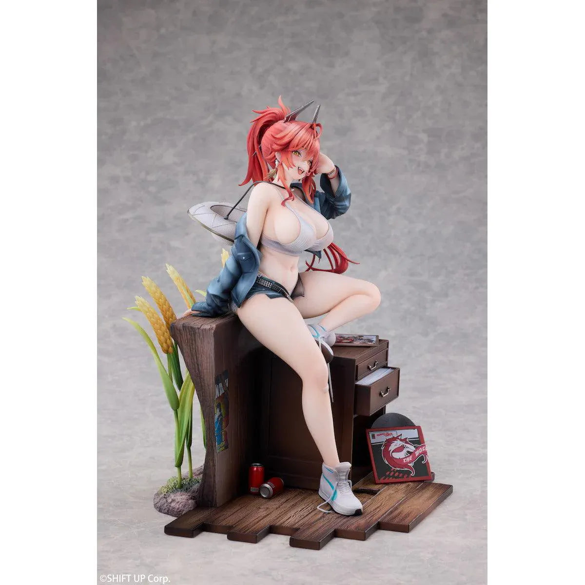 Goddess of Victory Nikke Red Hood Retro Days Deluxe Ver. 1/7 Scale Figure with long red hair, casual outfit, seated pose, and retro diorama base