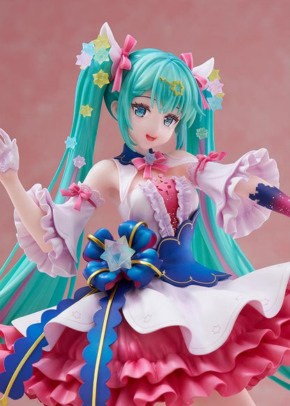 Hatsune Miku Rosuuri Ver. 1/7 scale figure with swirling turquoise twin tails, colorful stars, a pink and white ruffled dress, and a blue bow.