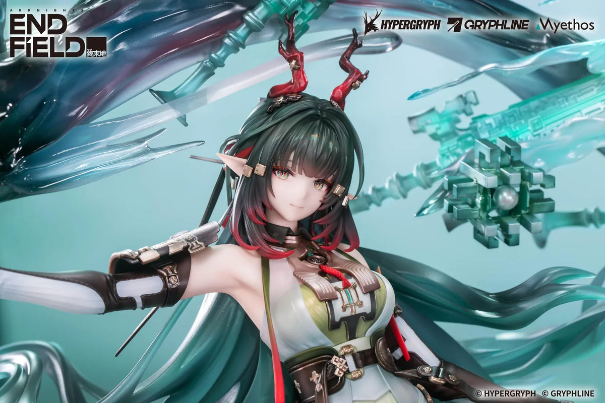 Arknights Endfield Zhuang Fangyi 1/7 scale figure with teal hair and a green outfit, surrounded by a curling dragon and translucent turquoise blades.