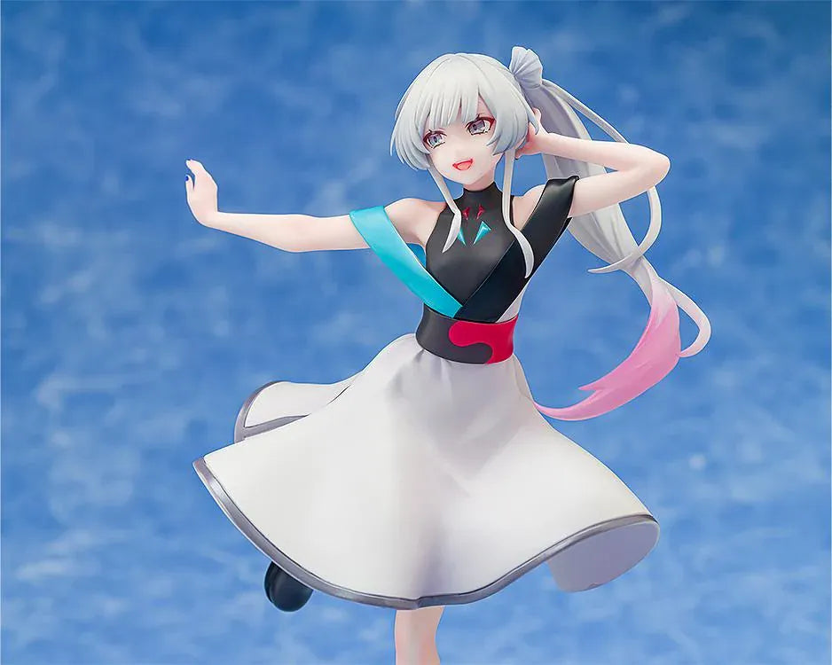 Yachiyo Runami Collaboration Concert Ver. figure with silver and pink-tipped hair, a white concert dress, and black boots, posed with one leg lifted.