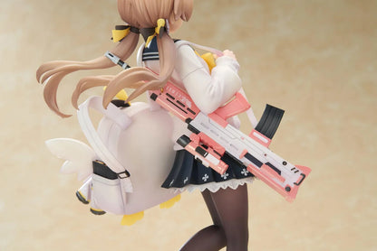 Blue Archive Hifumi figure smiling with one foot lifted, wearing a white cardigan and navy skirt, carrying a bird-themed bag and rifle on a yellow base.