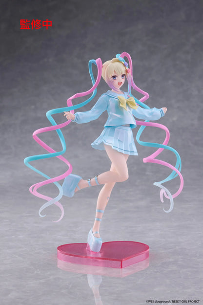 Needy Girl Overdose OMGKawaiiAngel Coreful Figure featuring a blonde-haired anime girl with blue eyes, long pink and blue twin-tails, a pastel-blue sailor-style outfit, yellow bow, and matching shoes posed on a pink heart-shaped base.