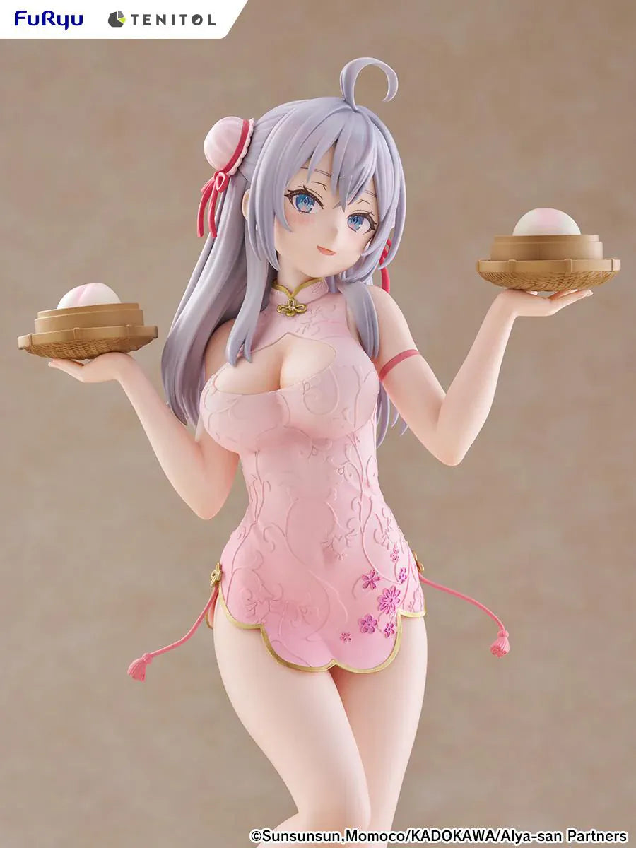 Alya Sometimes Hides Her Feelings in Russian TENITOL TALL Alya Cheongsam ver. Figure featuring Alya with long silver hair, pink cheongsam outfit, steamed bun accessories, and pink shoes.