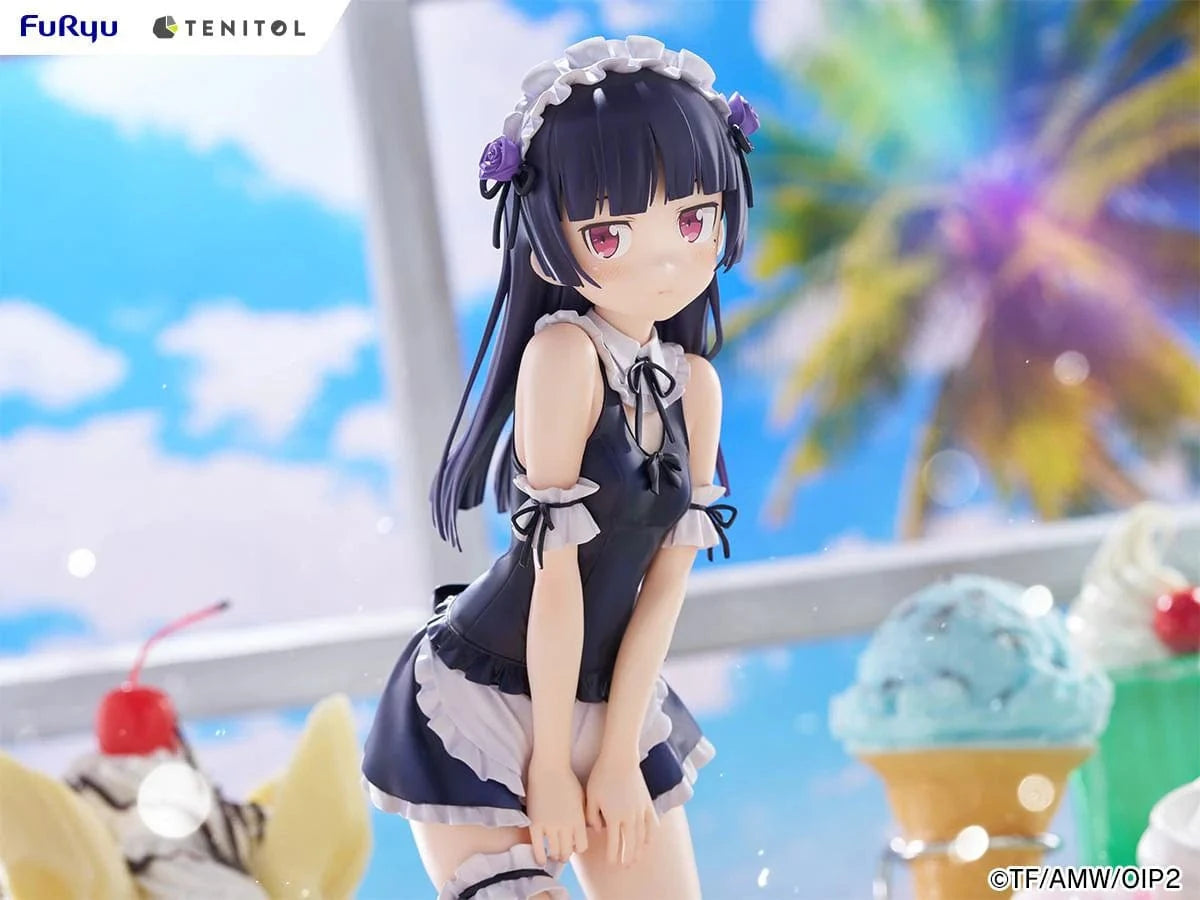 Oreimo Tenitol Tall Kuroneko Swimsuit Maid Ver. Figure featuring Kuroneko in a black-and-white maid swimsuit posing shyly by a dessert table with a beach backdrop
