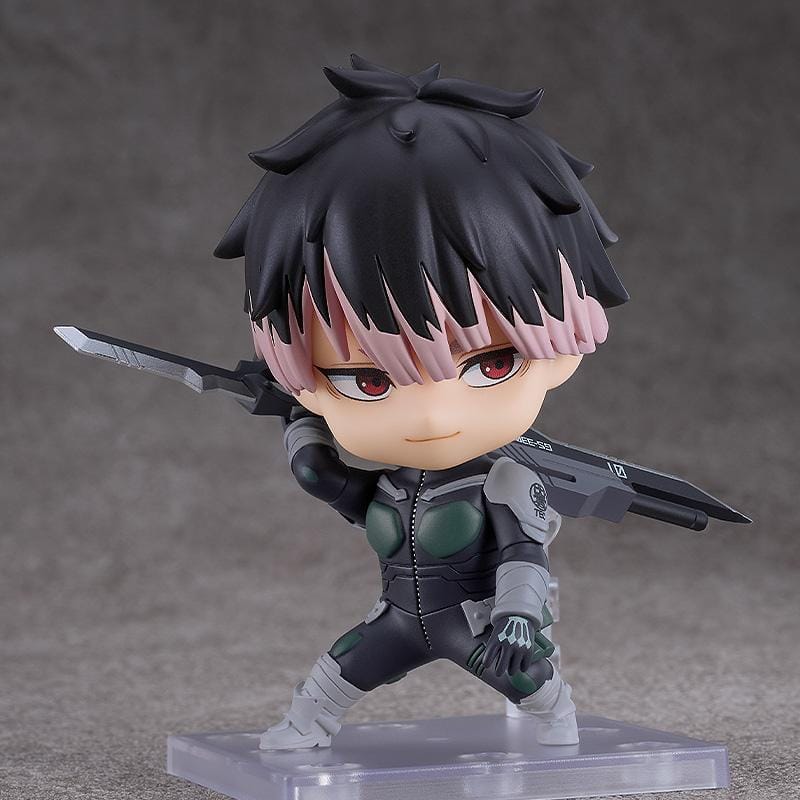Kaiju No. 8 Nendoroid No.2883 Gen Narumi chibi figure in black combat suit holding large sword over shoulder