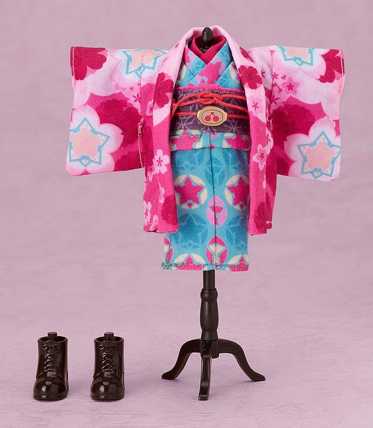 Hatsune Miku Nendoroid Doll Sakura Miku Hirohako 2025 Ver. Hakodate featuring Sakura Miku with pink twin tails, cherry accessories, and a colorful kimono-style outfit.