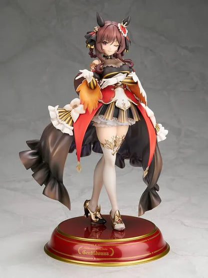 Umamusume Pretty Derby Gentildonna 1/7 Scale Figure featuring a brown-haired horse girl with a playful wink, an elaborate black, red, and gold outfit, flowing decorative fabric, white ruffles, ornate accessories, elegant stockings, and gold-accented heels standing on a red and gold circular display base.