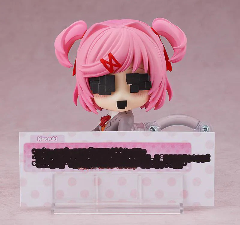 Natsuki Nendoroid figure from Doki Doki Literature Club with pink twin pigtails chibi anime figure