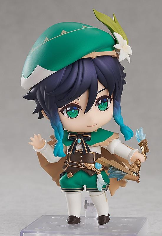 Genshin Impact Nendoroid Venti Figure Rerelease featuring Venti with green outfit, bard hat, braided teal hair accents, winking expression, and lyre accessory.
