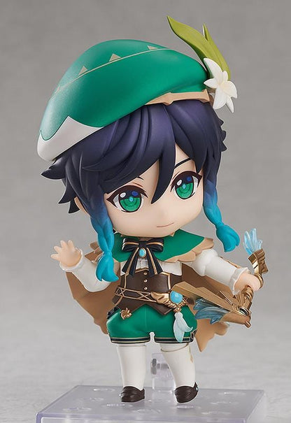 Genshin Impact Nendoroid Venti Figure Rerelease featuring Venti with green outfit, bard hat, braided teal hair accents, winking expression, and lyre accessory.