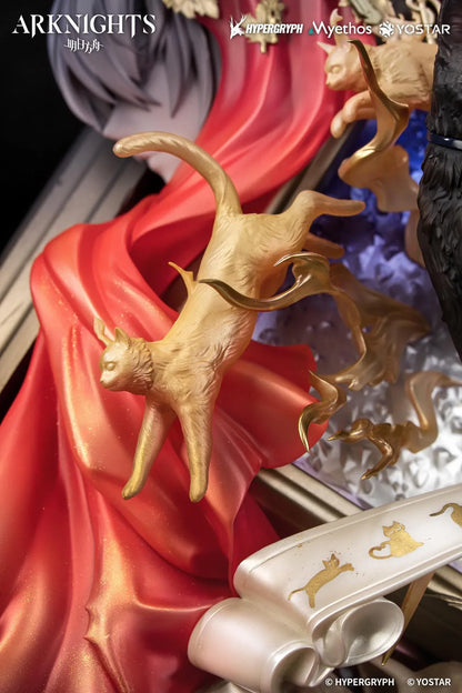 Arknights Miss Christine Elite 2 Ver. Diorama Non-Scale Figure with black cat, red bow, gold accents, theater masks, and red drapery