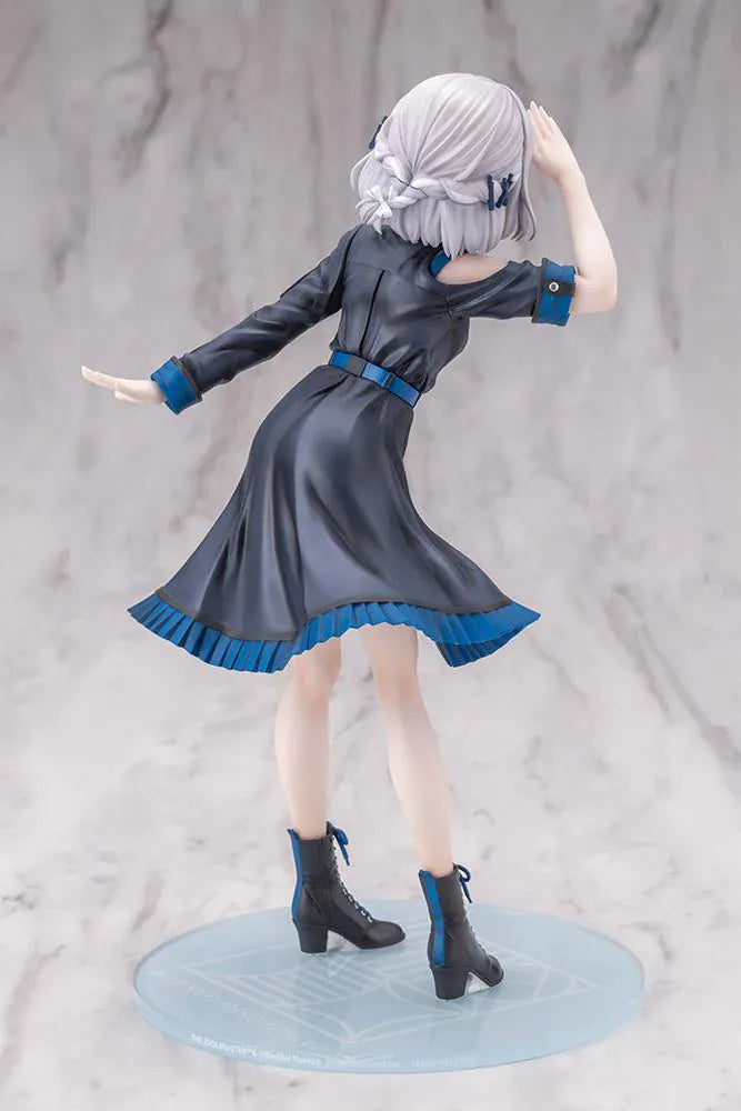 The Idolmaster Gakuen Lilja Katsuragi Hakusen DX Ver. 1/7 Scale Figure featuring Lilja with short silver hair, black dress with blue accents, boots, and themed display base.