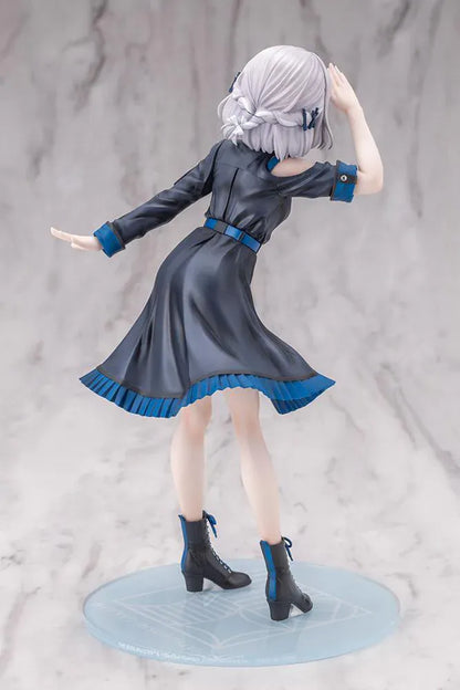 The Idolmaster Gakuen Lilja Katsuragi Hakusen DX Ver. 1/7 Scale Figure featuring Lilja with short silver hair, black dress with blue accents, boots, and themed display base.