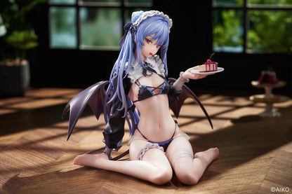NIYA Maid Ver. figure illustrated by AIKO, with blue hair, a frilled headband, dark wings, and a dessert plate, seated on a wood-patterned base.