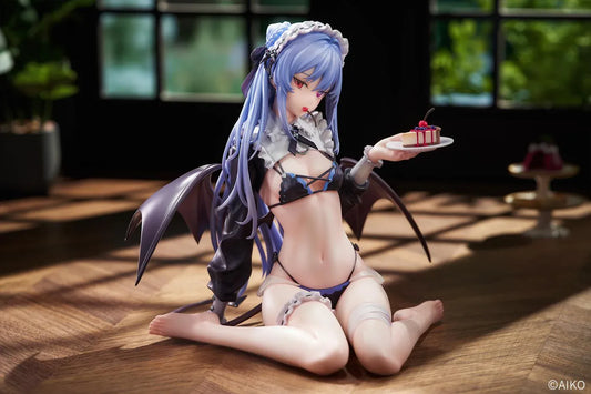 NIYA Maid Ver. figure illustrated by AIKO, with blue hair, a frilled headband, dark wings, and a dessert plate, seated on a wood-patterned base.