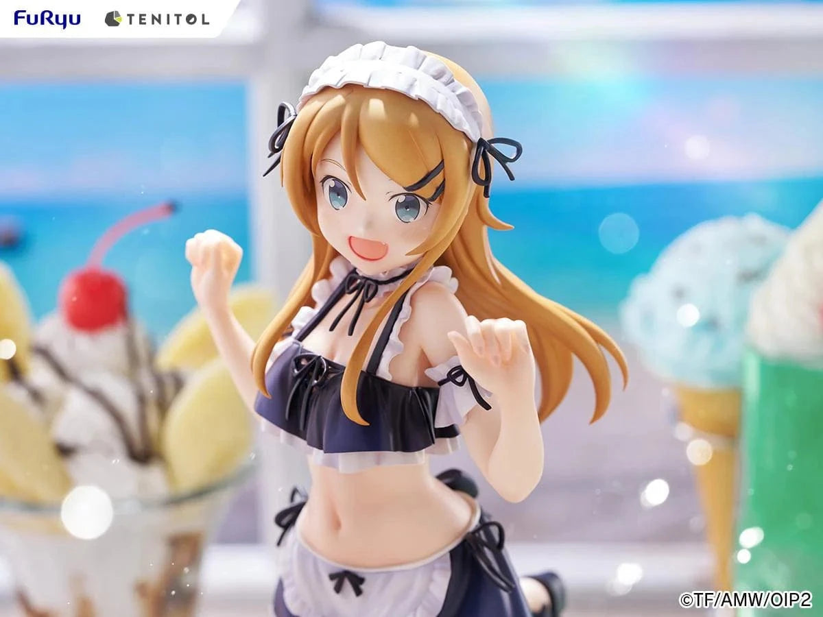 Oreimo Tenitol Tall Kirino Kousaka Swimsuit Maid Ver. Figure featuring Kirino in a navy and white maid swimsuit posing energetically by a beachside dessert setup