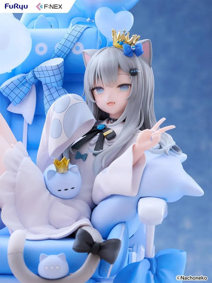 Nachoneko Birthday Ver. 1/7 Scale Figure by FuRyu F featuring a silver-haired cat girl with a golden crown relaxing in a blue gaming chair decorated with balloons, ribbons, and cat accessories.