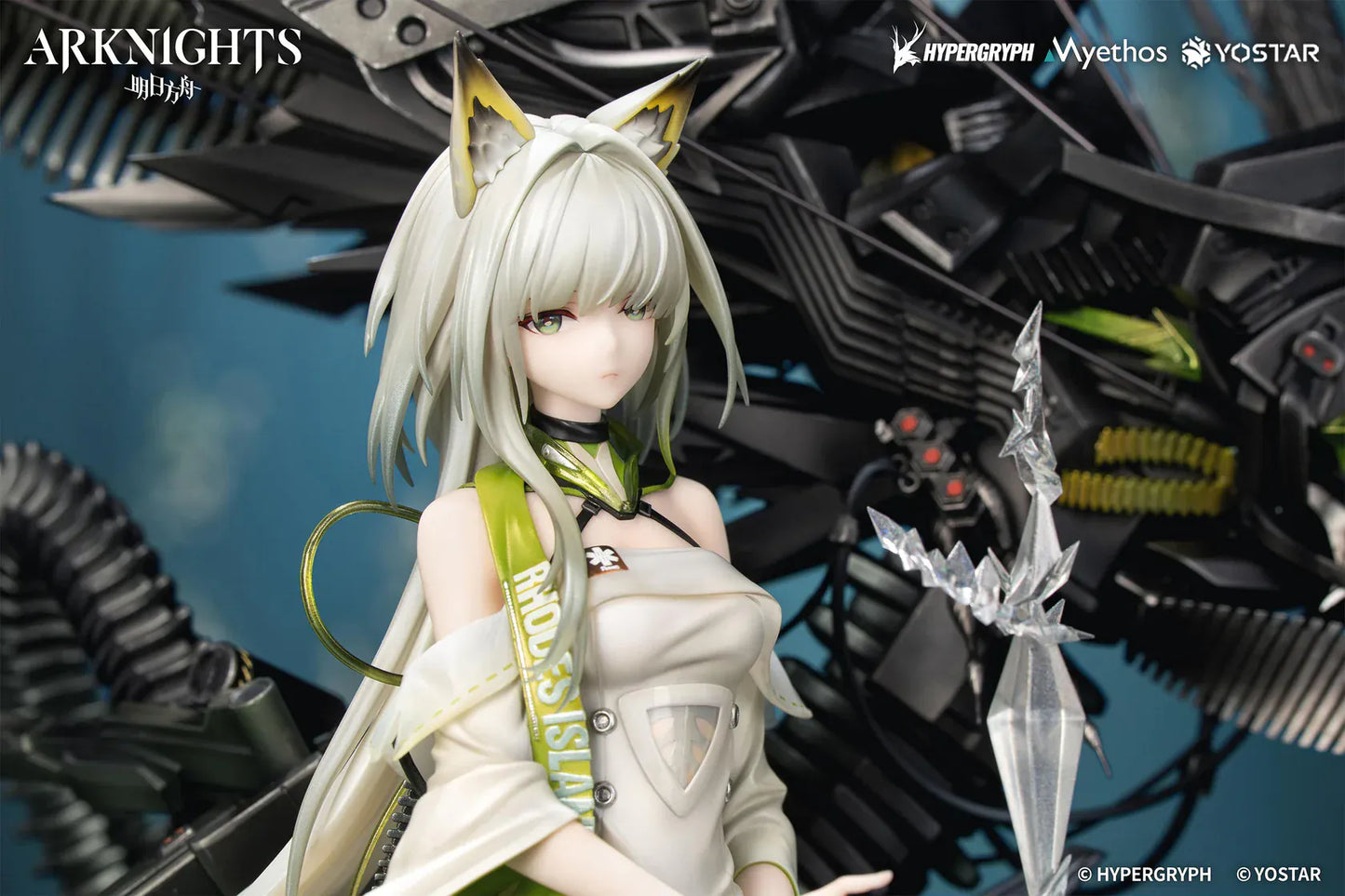Arknights Kal'tsit Esperanta 1/7 Scale Figure with white-and-green outfit, mechanical display element, long hair, and detailed sci-fi base