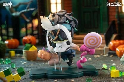 Genshin Impact You Ye Qi Xiang Series chibi Kinich figure holding a lollipop, surrounded by candy, a pumpkin, and a pixel-art backdrop.