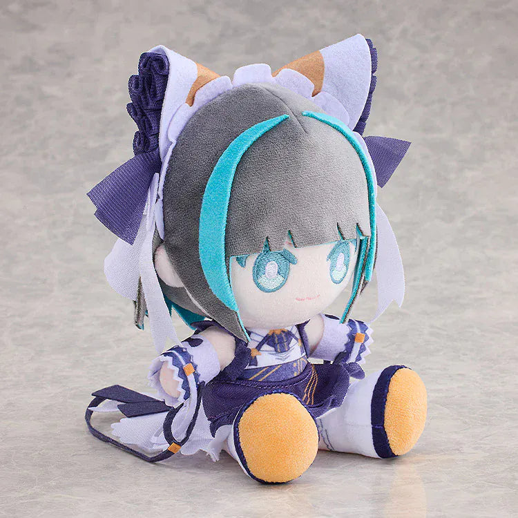 Azur Lane Cheshire Punipuni plushie with gray and teal hair, cat ears, embroidered eyes, and navy outfit sitting pose