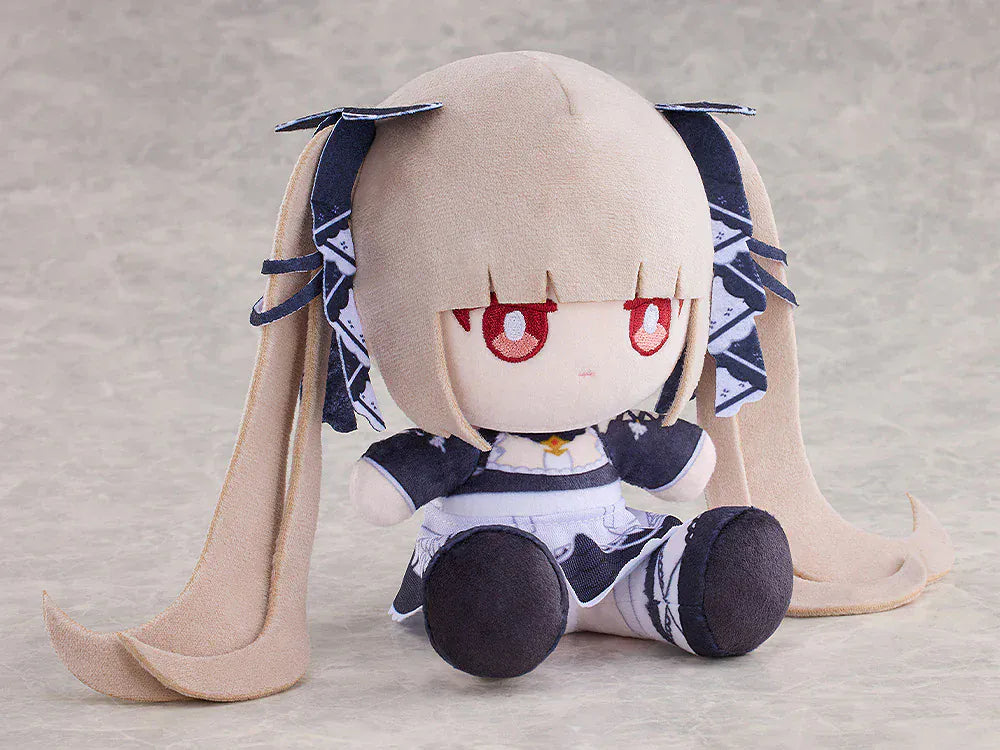 Azur Lane Formidable Punipuni plushie with long blonde twin tails, red embroidered eyes, and navy outfit in seated pose