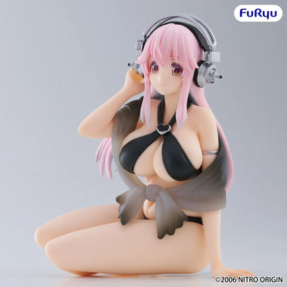 Super Sonico Swimsuit Black Color Ver Noodle Stopper figure with pink hair and headphones in seated pose