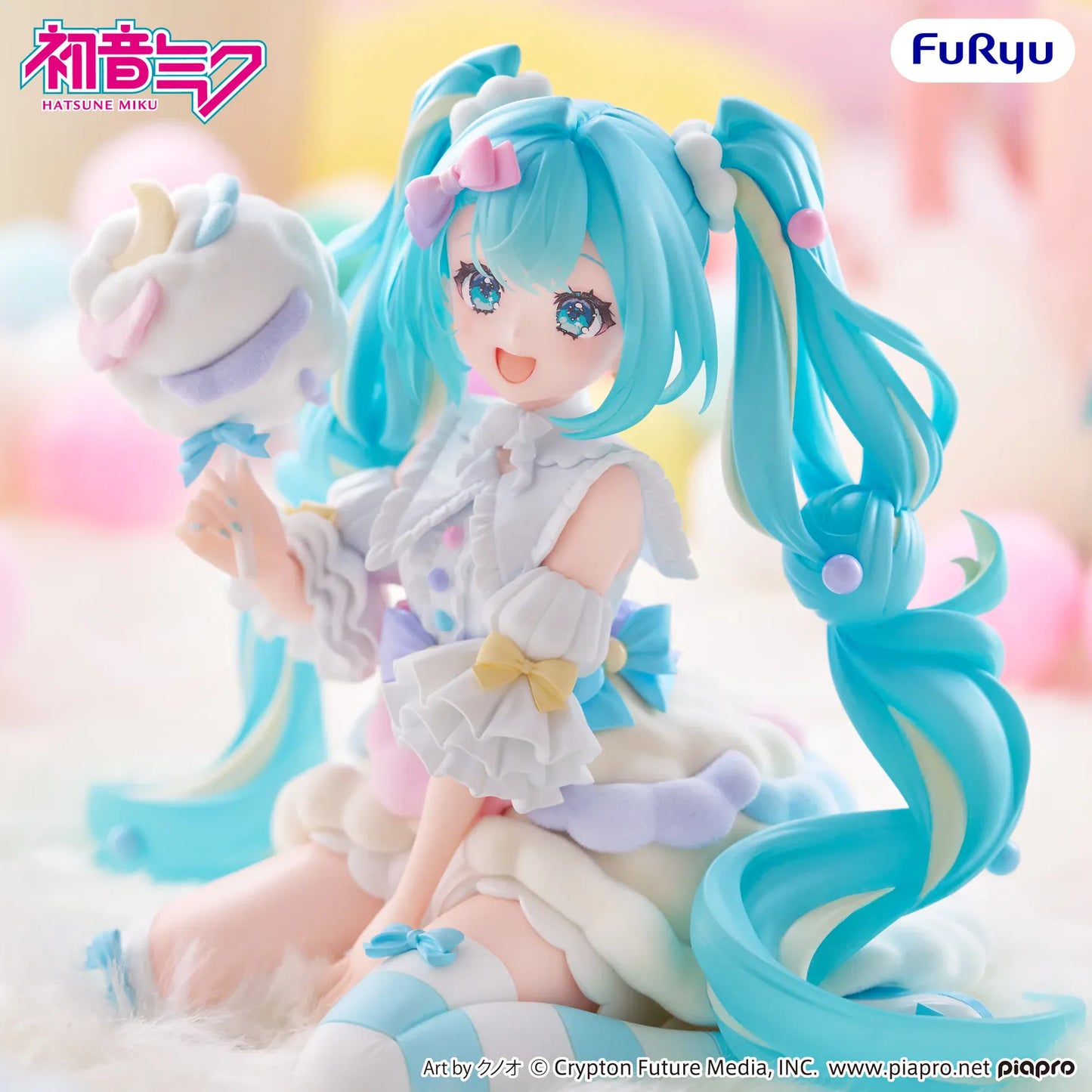 Hatsune Miku melffy Figure Sugar Cloud featuring Miku with bright twin tails, pastel outfit, candy-inspired accessory, and cute seated pose