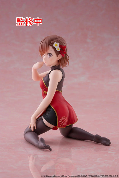 A Certain Scientific Railgun Desktop Cute Mikoto Misaka Chinese Dress Ver. Figure in red and black outfit kneeling with flower hair accessory