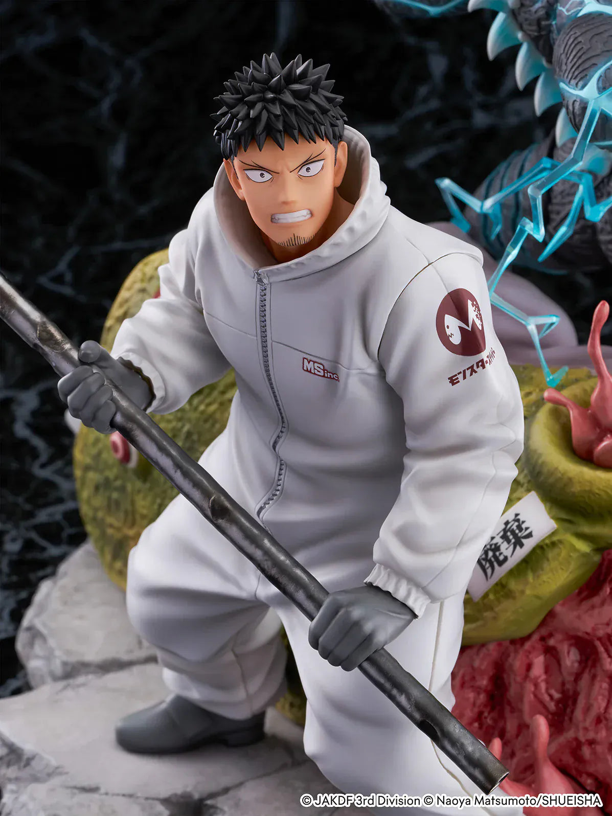 Kaiju No. 8 Kafka Hibino and Kaiju No. 8 1/7 scale figure diorama with Kafka wielding a pipe in front of the transformed kaiju and organic nest base