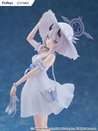 Blue Archive Sena Casual 1/7 Scale Figure featuring Sena with short silver hair, white dress, wide-brim hat, sandals in hand, and seaside-themed display base.