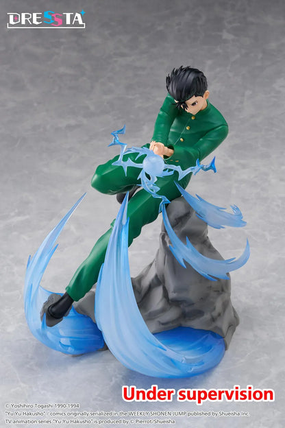 Yu Yu Hakusho Dressta Yusuke Urameshi Figure in green school uniform with blue spirit energy effect and rocky display base