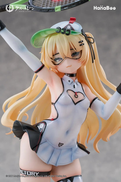 Azur Lane Bache Showy Sports Star Deluxe Ver. 1/6 Scale Figure featuring Bache in a tennis-inspired outfit with racket, tennis balls, display base, bonus artwork, and character can badge.